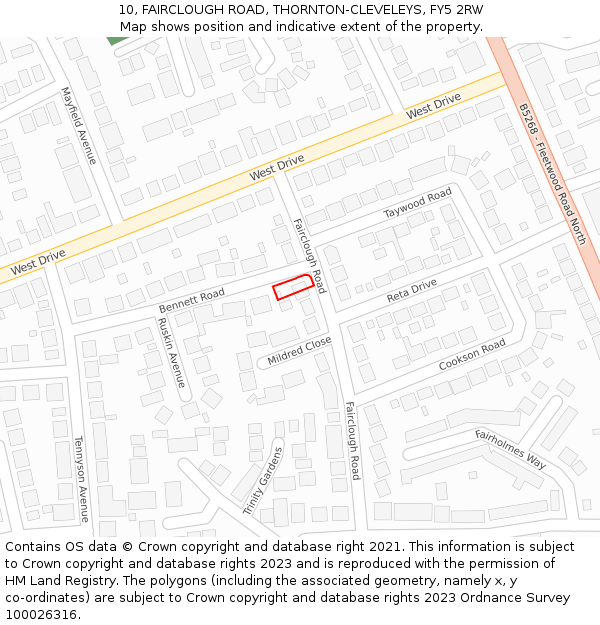 10, FAIRCLOUGH ROAD, THORNTON-CLEVELEYS, FY5 2RW: Location map and indicative extent of plot