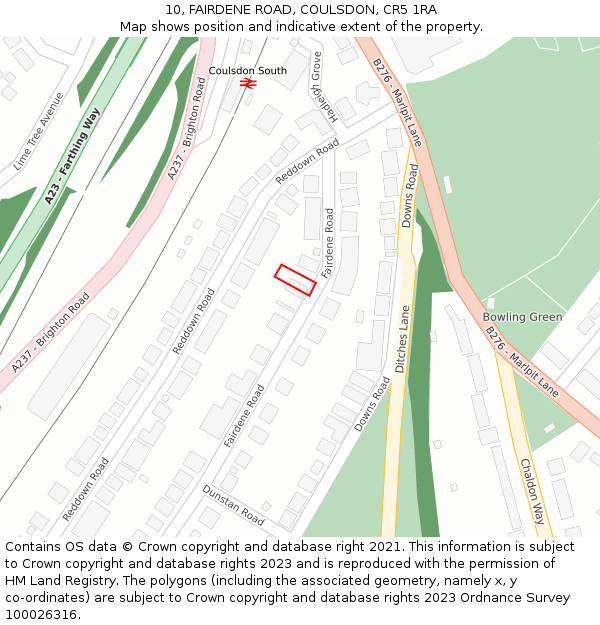 10, FAIRDENE ROAD, COULSDON, CR5 1RA: Location map and indicative extent of plot