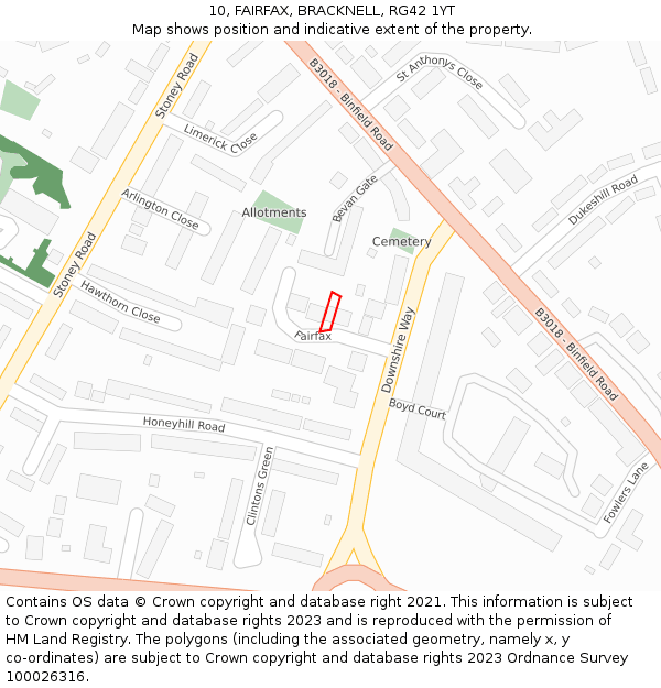 10, FAIRFAX, BRACKNELL, RG42 1YT: Location map and indicative extent of plot