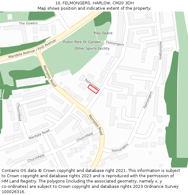 10, FELMONGERS, HARLOW, CM20 3DH: Location map and indicative extent of plot