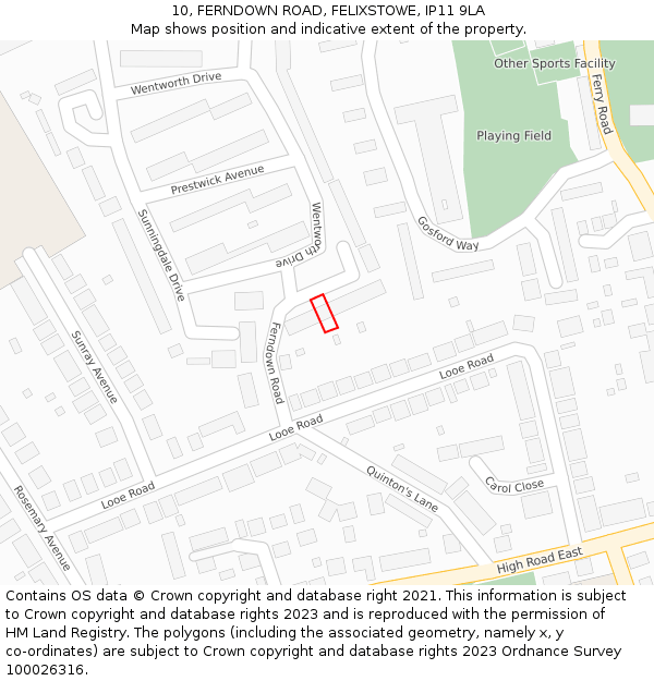 10, FERNDOWN ROAD, FELIXSTOWE, IP11 9LA: Location map and indicative extent of plot