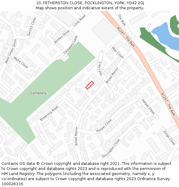 10, FETHERSTON CLOSE, POCKLINGTON, YORK, YO42 2GJ: Location map and indicative extent of plot