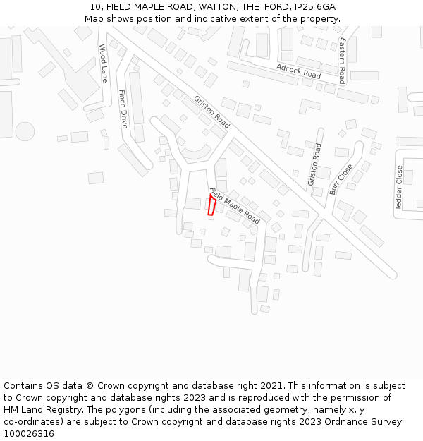 10, FIELD MAPLE ROAD, WATTON, THETFORD, IP25 6GA: Location map and indicative extent of plot