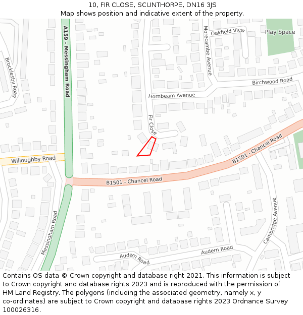 10, FIR CLOSE, SCUNTHORPE, DN16 3JS: Location map and indicative extent of plot