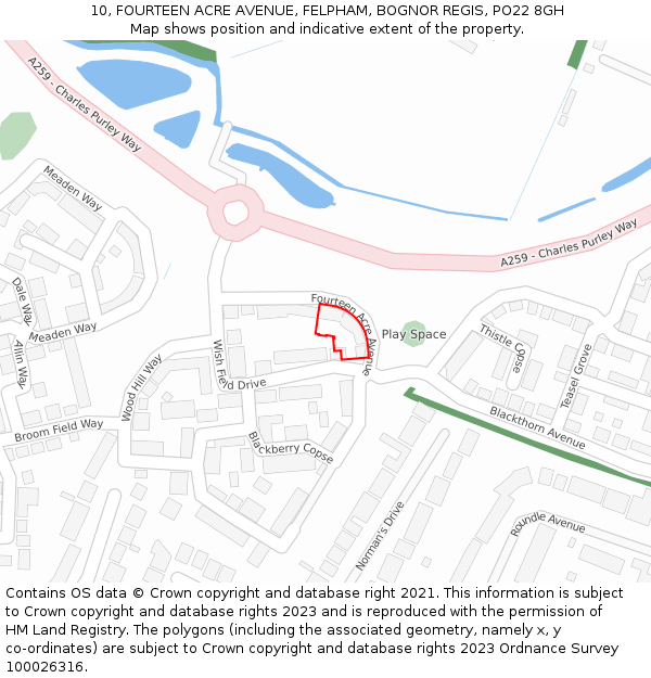 10, FOURTEEN ACRE AVENUE, FELPHAM, BOGNOR REGIS, PO22 8GH: Location map and indicative extent of plot