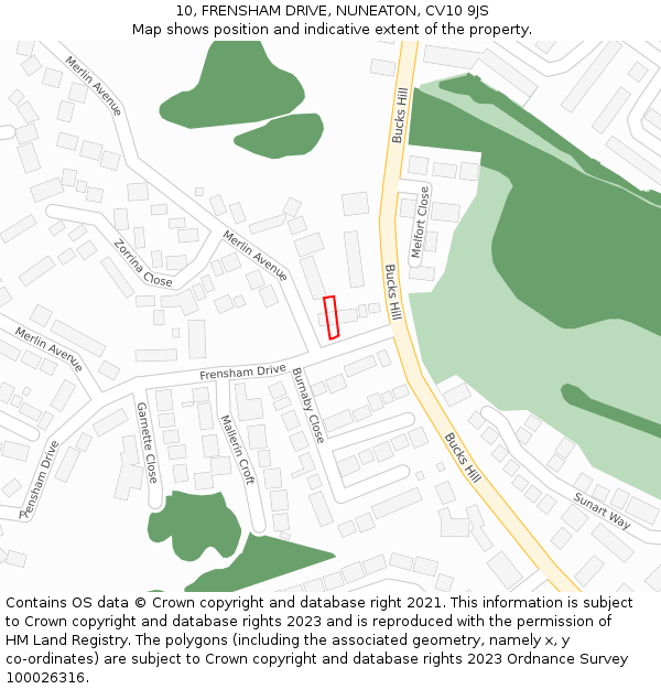 10, FRENSHAM DRIVE, NUNEATON, CV10 9JS: Location map and indicative extent of plot