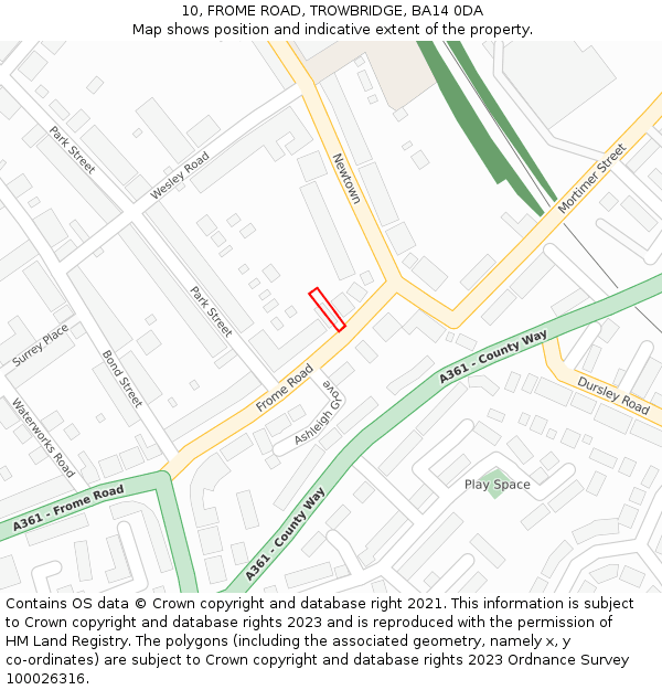 10, FROME ROAD, TROWBRIDGE, BA14 0DA: Location map and indicative extent of plot