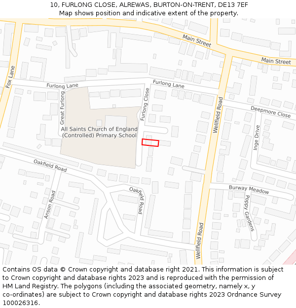 10, FURLONG CLOSE, ALREWAS, BURTON-ON-TRENT, DE13 7EF: Location map and indicative extent of plot