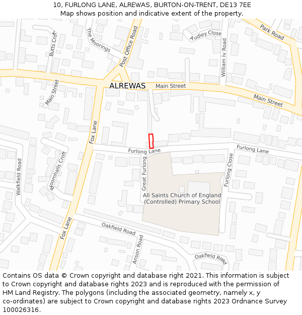 10, FURLONG LANE, ALREWAS, BURTON-ON-TRENT, DE13 7EE: Location map and indicative extent of plot