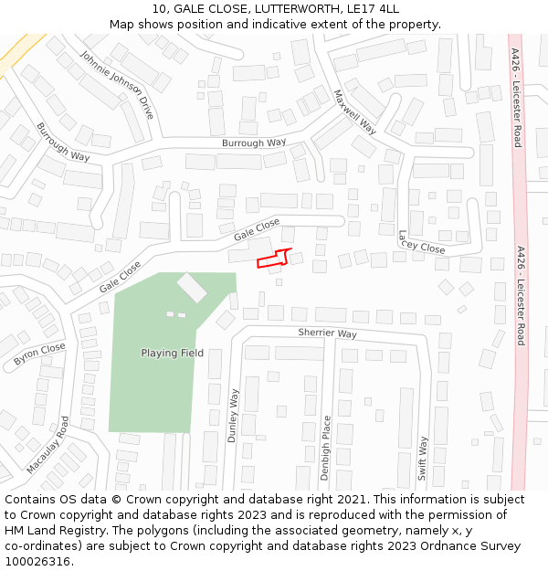 10, GALE CLOSE, LUTTERWORTH, LE17 4LL: Location map and indicative extent of plot