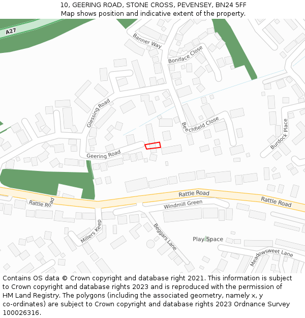 10, GEERING ROAD, STONE CROSS, PEVENSEY, BN24 5FF: Location map and indicative extent of plot