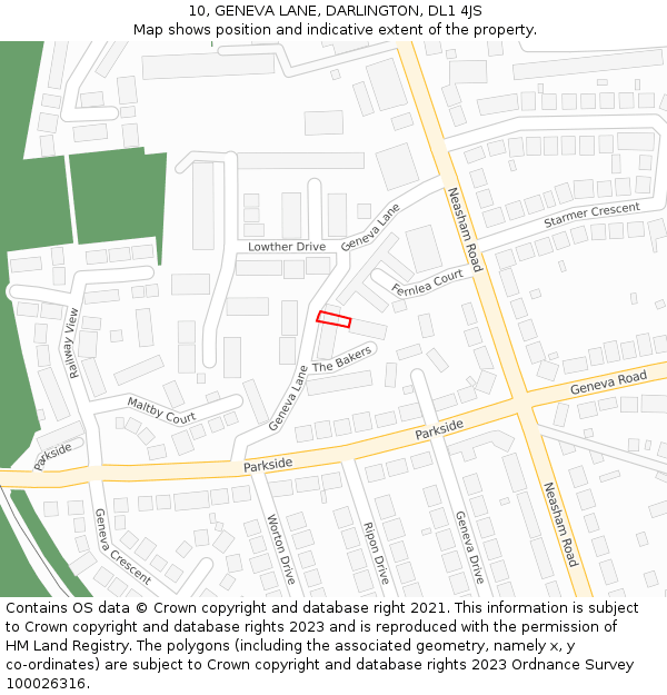 10, GENEVA LANE, DARLINGTON, DL1 4JS: Location map and indicative extent of plot