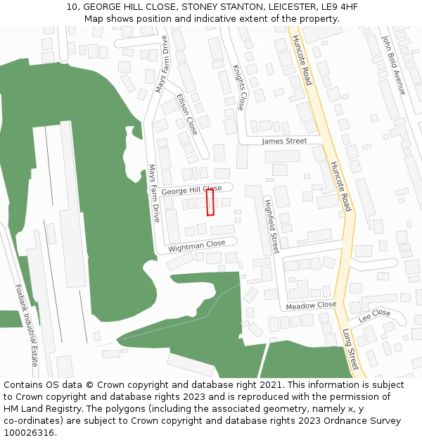 10, GEORGE HILL CLOSE, STONEY STANTON, LEICESTER, LE9 4HF: Location map and indicative extent of plot