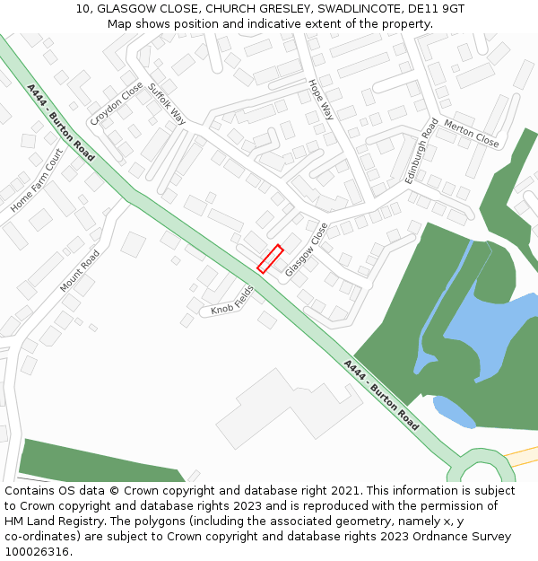 10, GLASGOW CLOSE, CHURCH GRESLEY, SWADLINCOTE, DE11 9GT: Location map and indicative extent of plot