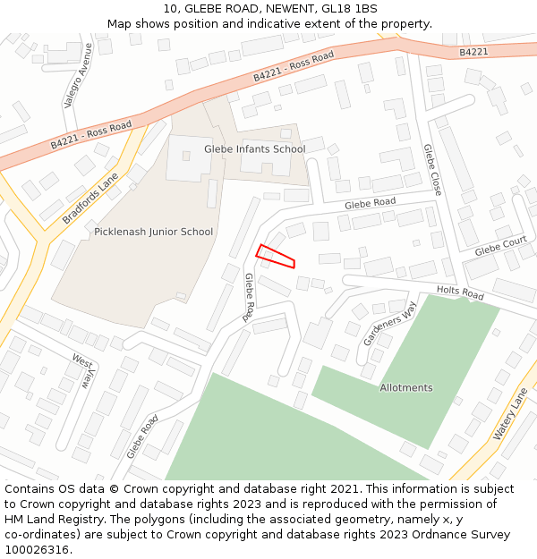 10, GLEBE ROAD, NEWENT, GL18 1BS: Location map and indicative extent of plot