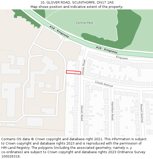 10, GLOVER ROAD, SCUNTHORPE, DN17 1AS: Location map and indicative extent of plot
