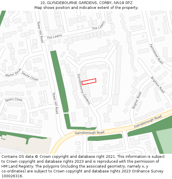 10, GLYNDEBOURNE GARDENS, CORBY, NN18 0PZ: Location map and indicative extent of plot