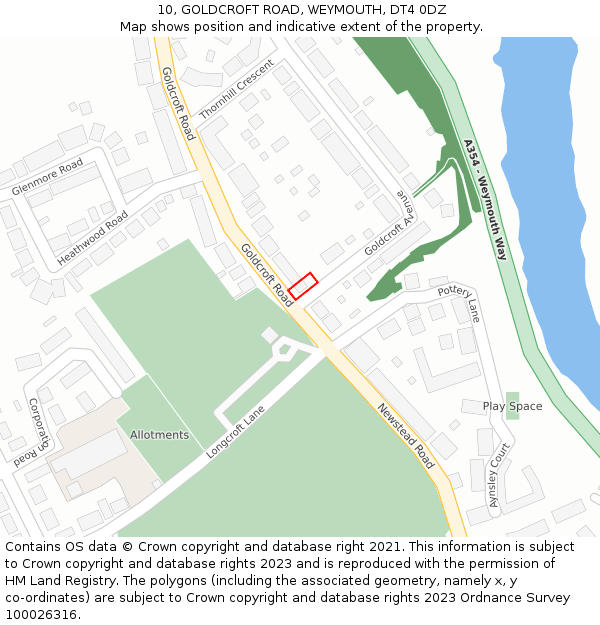 10, GOLDCROFT ROAD, WEYMOUTH, DT4 0DZ: Location map and indicative extent of plot