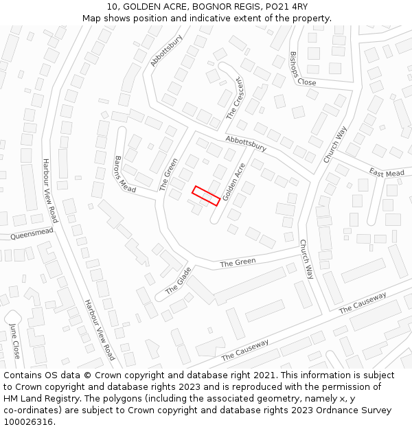 10, GOLDEN ACRE, BOGNOR REGIS, PO21 4RY: Location map and indicative extent of plot