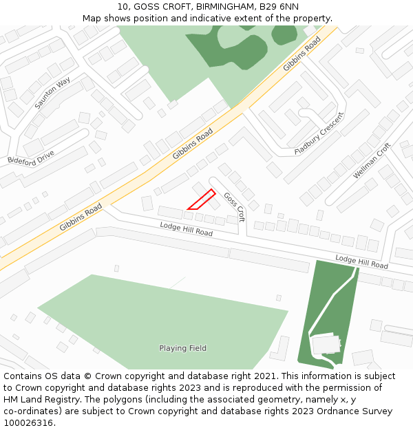 10, GOSS CROFT, BIRMINGHAM, B29 6NN: Location map and indicative extent of plot