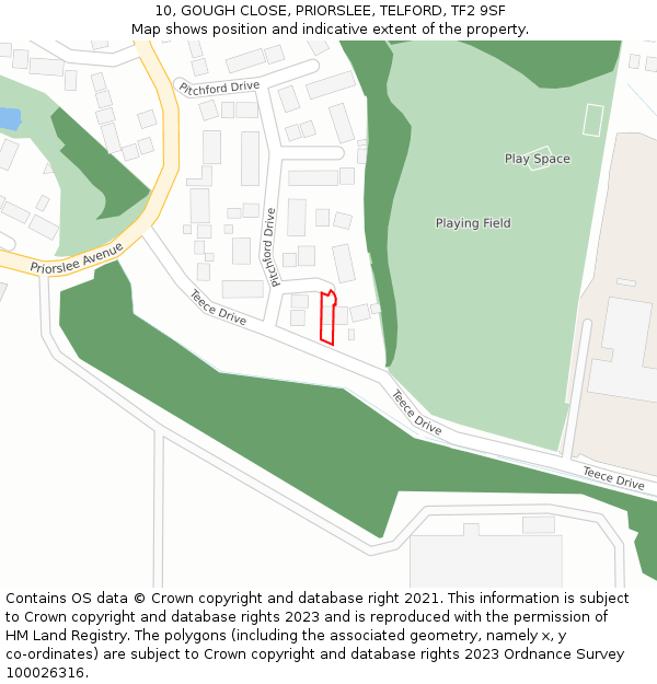 10, GOUGH CLOSE, PRIORSLEE, TELFORD, TF2 9SF: Location map and indicative extent of plot