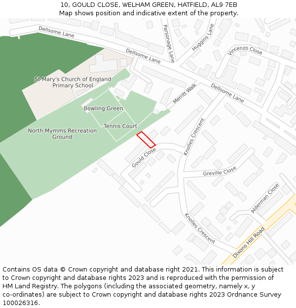 10, GOULD CLOSE, WELHAM GREEN, HATFIELD, AL9 7EB: Location map and indicative extent of plot