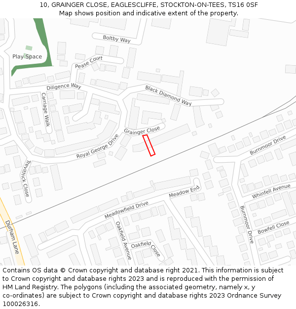 10, GRAINGER CLOSE, EAGLESCLIFFE, STOCKTON-ON-TEES, TS16 0SF: Location map and indicative extent of plot