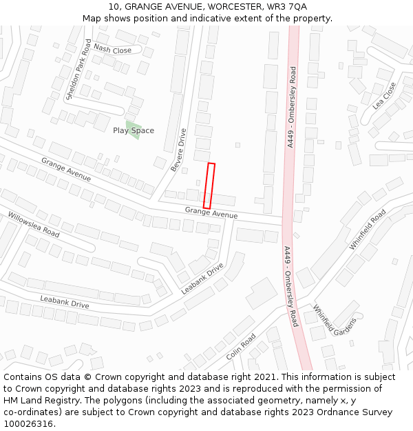 10, GRANGE AVENUE, WORCESTER, WR3 7QA: Location map and indicative extent of plot