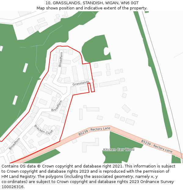 10, GRASSLANDS, STANDISH, WIGAN, WN6 0GT: Location map and indicative extent of plot