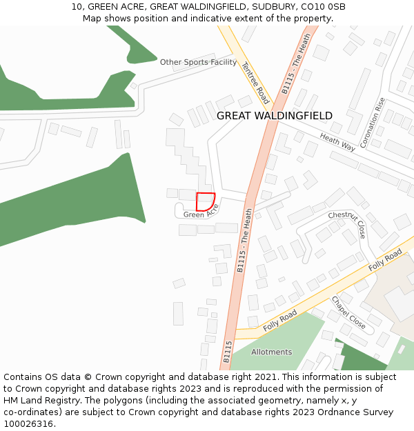 10, GREEN ACRE, GREAT WALDINGFIELD, SUDBURY, CO10 0SB: Location map and indicative extent of plot