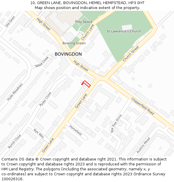 10, GREEN LANE, BOVINGDON, HEMEL HEMPSTEAD, HP3 0HT: Location map and indicative extent of plot