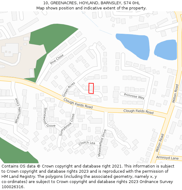 10, GREENACRES, HOYLAND, BARNSLEY, S74 0HL: Location map and indicative extent of plot