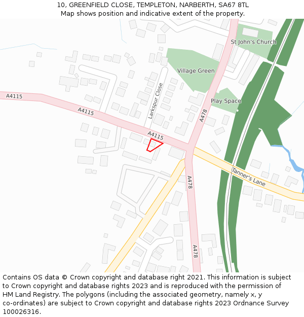 10, GREENFIELD CLOSE, TEMPLETON, NARBERTH, SA67 8TL: Location map and indicative extent of plot