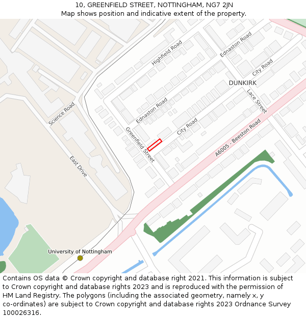 10, GREENFIELD STREET, NOTTINGHAM, NG7 2JN: Location map and indicative extent of plot