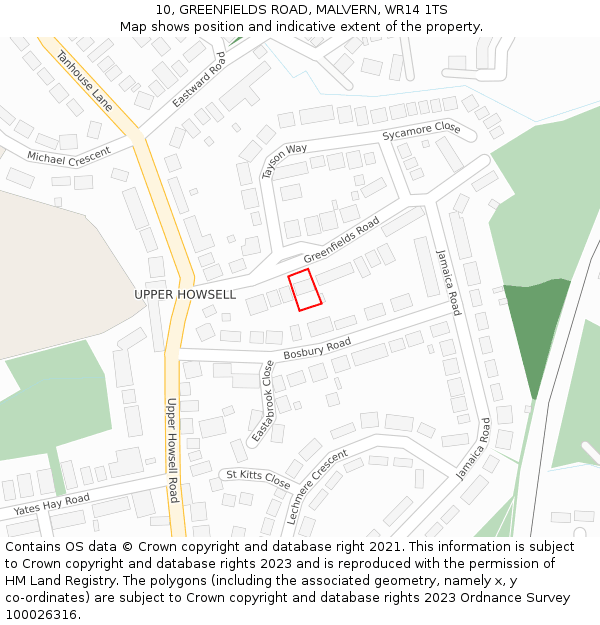 10, GREENFIELDS ROAD, MALVERN, WR14 1TS: Location map and indicative extent of plot