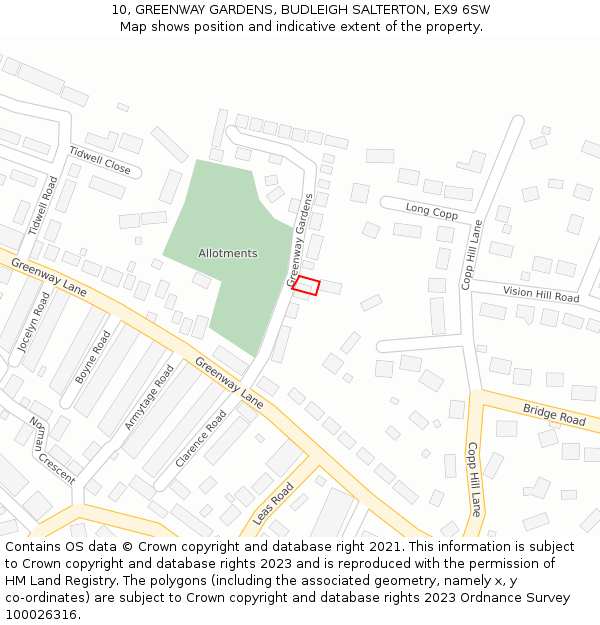 10, GREENWAY GARDENS, BUDLEIGH SALTERTON, EX9 6SW: Location map and indicative extent of plot