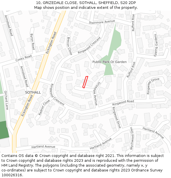 10, GRIZEDALE CLOSE, SOTHALL, SHEFFIELD, S20 2DP: Location map and indicative extent of plot