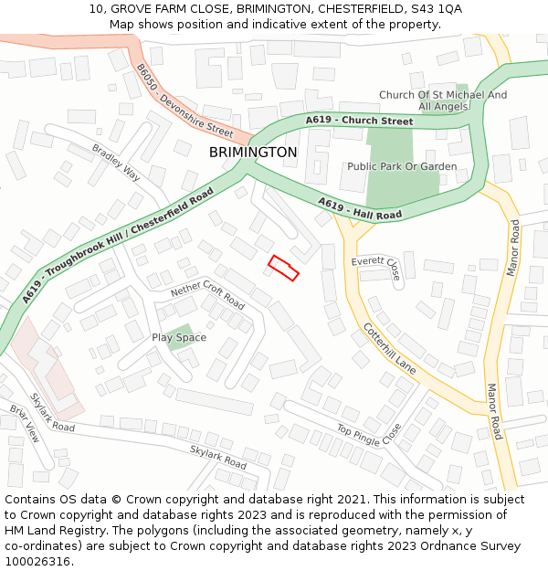 10, GROVE FARM CLOSE, BRIMINGTON, CHESTERFIELD, S43 1QA: Location map and indicative extent of plot