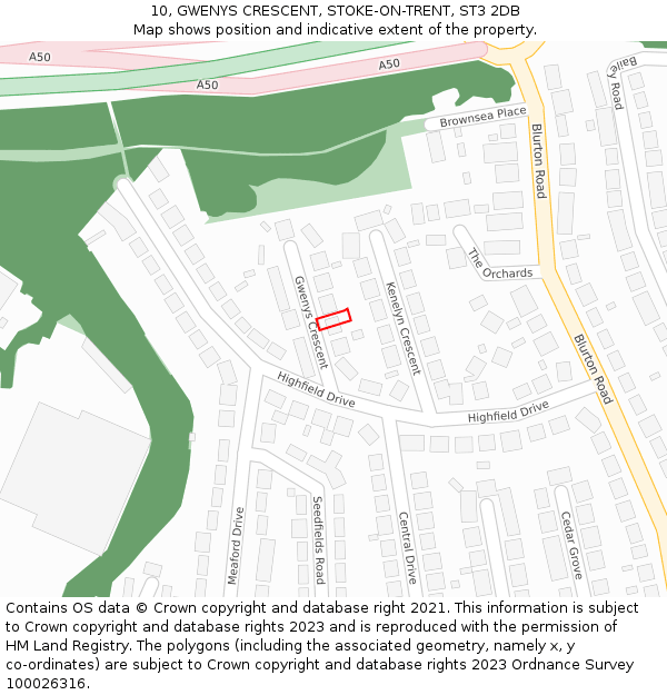 10, GWENYS CRESCENT, STOKE-ON-TRENT, ST3 2DB: Location map and indicative extent of plot