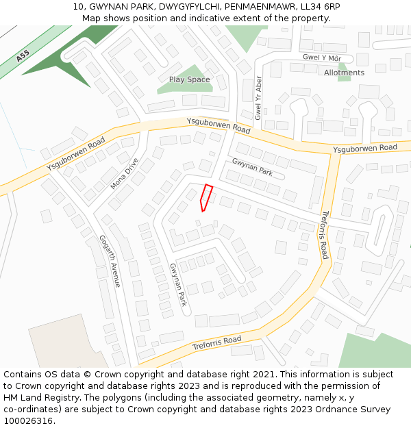 10, GWYNAN PARK, DWYGYFYLCHI, PENMAENMAWR, LL34 6RP: Location map and indicative extent of plot