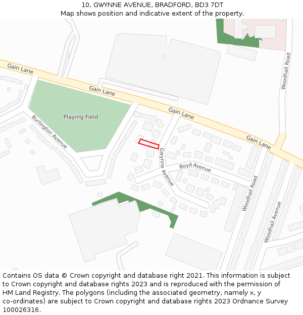 10, GWYNNE AVENUE, BRADFORD, BD3 7DT: Location map and indicative extent of plot