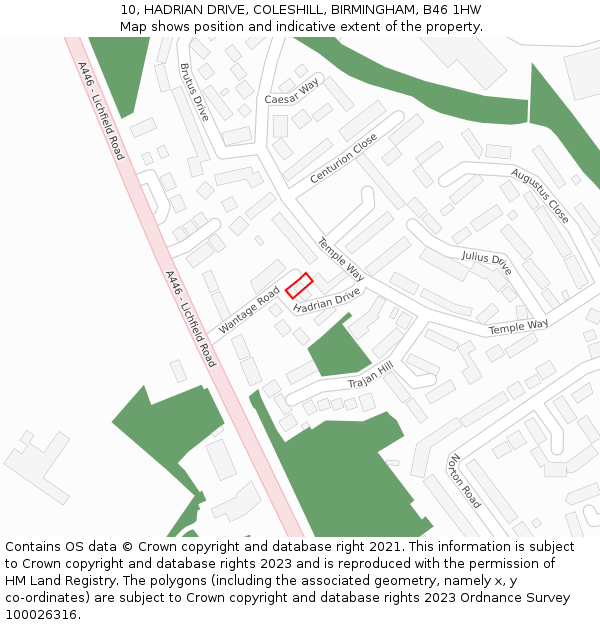 10, HADRIAN DRIVE, COLESHILL, BIRMINGHAM, B46 1HW: Location map and indicative extent of plot