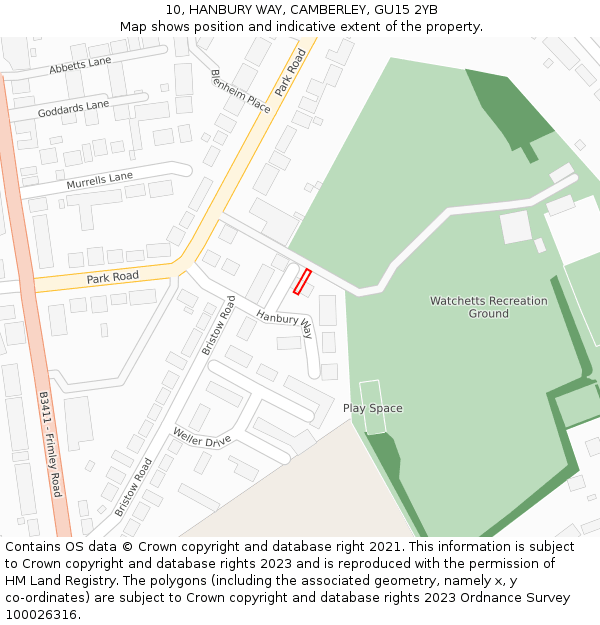 10, HANBURY WAY, CAMBERLEY, GU15 2YB: Location map and indicative extent of plot