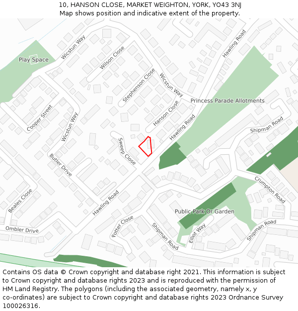 10, HANSON CLOSE, MARKET WEIGHTON, YORK, YO43 3NJ: Location map and indicative extent of plot