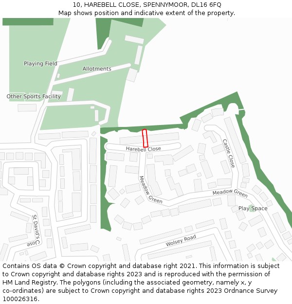 10, HAREBELL CLOSE, SPENNYMOOR, DL16 6FQ: Location map and indicative extent of plot