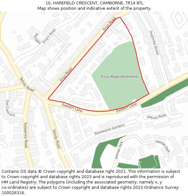 10, HAREFIELD CRESCENT, CAMBORNE, TR14 8TL: Location map and indicative extent of plot