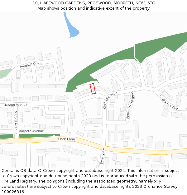 10, HAREWOOD GARDENS, PEGSWOOD, MORPETH, NE61 6TG: Location map and indicative extent of plot