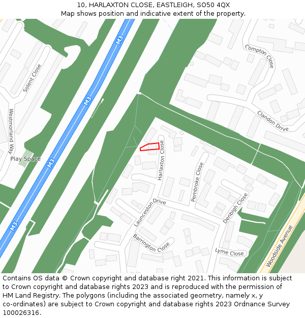 10, HARLAXTON CLOSE, EASTLEIGH, SO50 4QX: Location map and indicative extent of plot