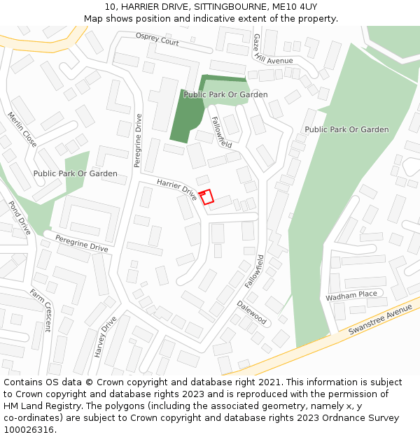 10, HARRIER DRIVE, SITTINGBOURNE, ME10 4UY: Location map and indicative extent of plot