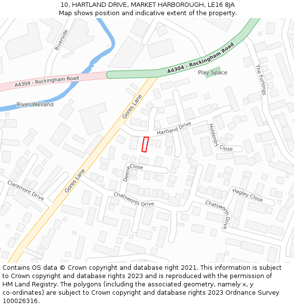 10, HARTLAND DRIVE, MARKET HARBOROUGH, LE16 8JA: Location map and indicative extent of plot